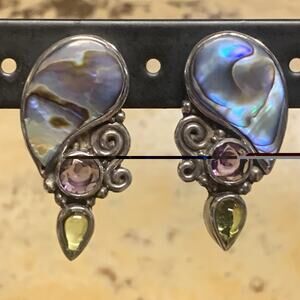 Sajen Earrings Sterling Silver, Abalone, Amethyst and Peridot w/ Swirls